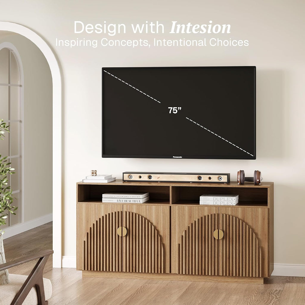 65-inch Fluted Sideboard with Open Shelf, Mid Century Modern Sideboard with Adjustable Shelves & Cable Management