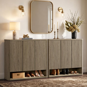 Shoe Cabinet 94.4" Wide Freestanding Fluted Shoe Storage Cabinet with 6 Doors & 8 Adjustable Shelves Large Modern