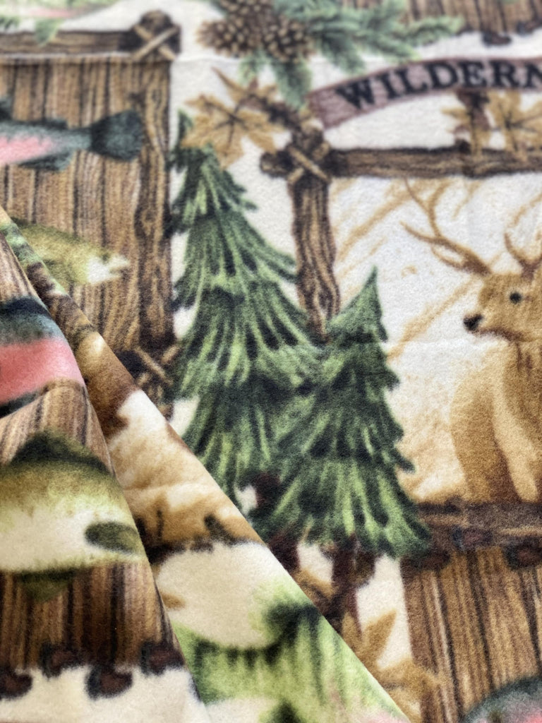 Wilderness Animals Camping Fishing Anti-Pill Fleece Fabric By The Yard