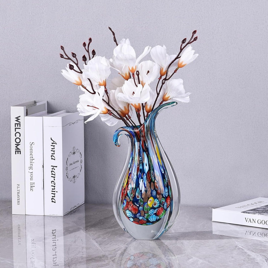 Hand Blown Glass Vase for Centerpiece, Murano Style Table Decoration, Blue Blown Art Glass Ellipse Flower Vase