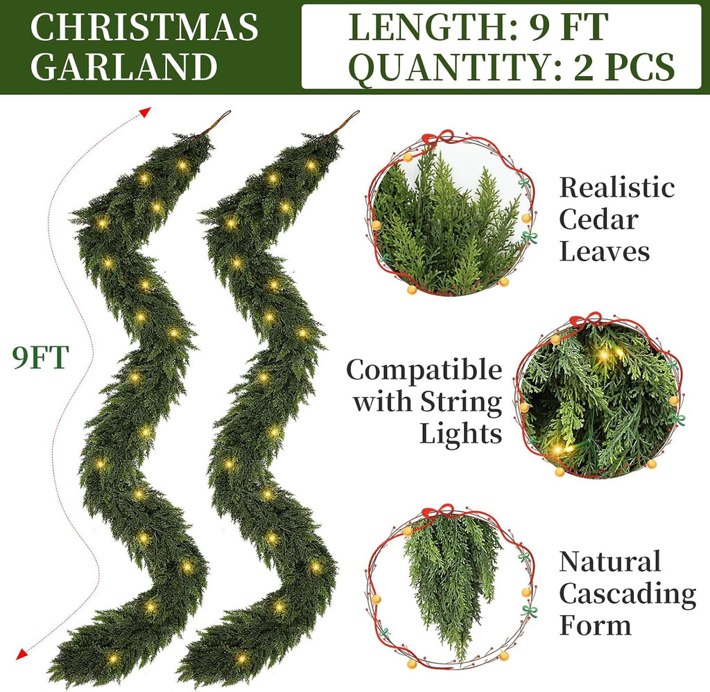 18 FT (2 * 9FT) Cedar Garland with Lights - Realistic Prelit Christmas Garlands for Mantle, Stairs, Fireplace, Indoor