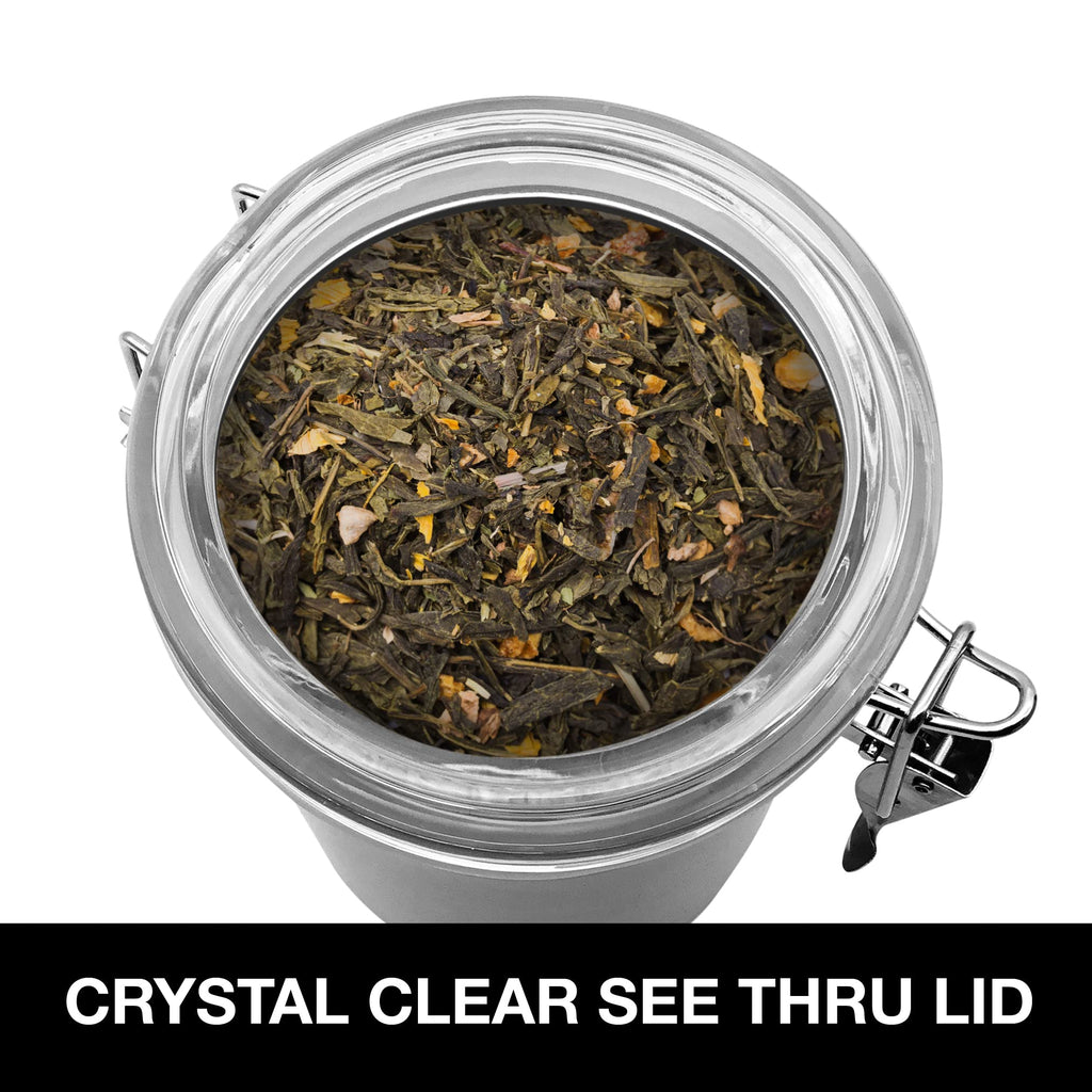 Stainless Steel Tea Canister 62 fl oz - Airtight Clamp Lid, Clear See-Thru Top - Ideal for Tea Bag, Loose Tea