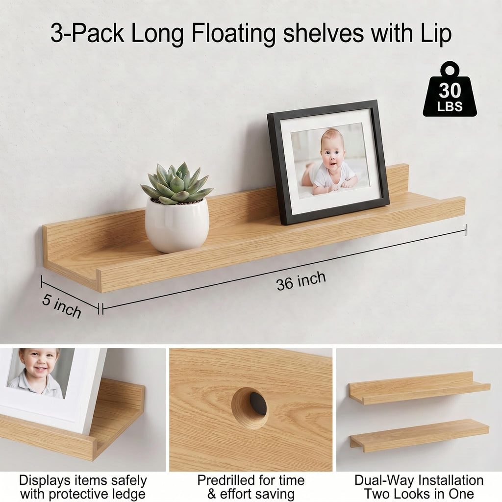 Floating Shelves for Wall, 36" Picture Ledge Shelf, White Oak