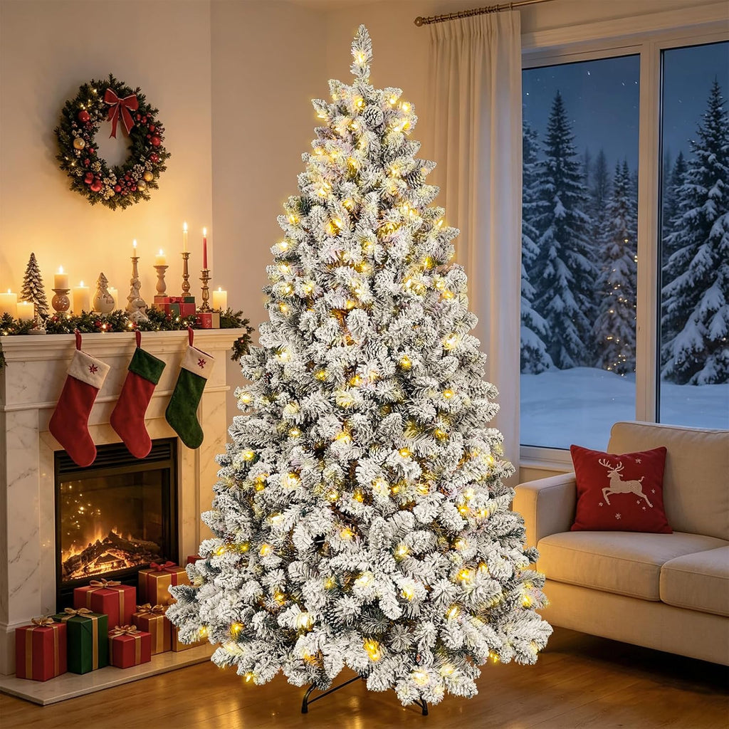 Pre-lit Flocked Christmas Tree, Artificial Christmas Tree with Lights, Snow Frosted Christmas Trees Pre-lit
