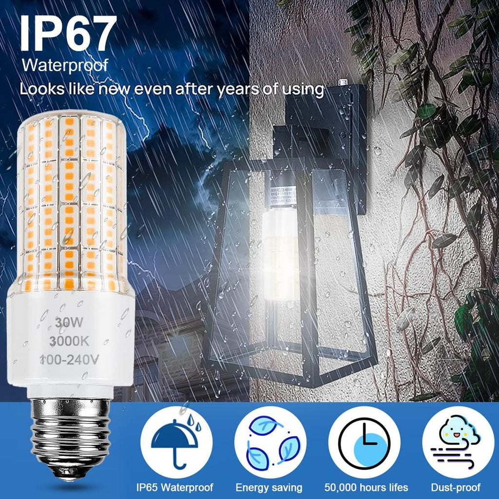 Led Light Bulb Equivalent 250w 2pcs Super Bright Led Bulbs, 3750 Lumen 3000k Warm Daylight White 30w Waterproof Led