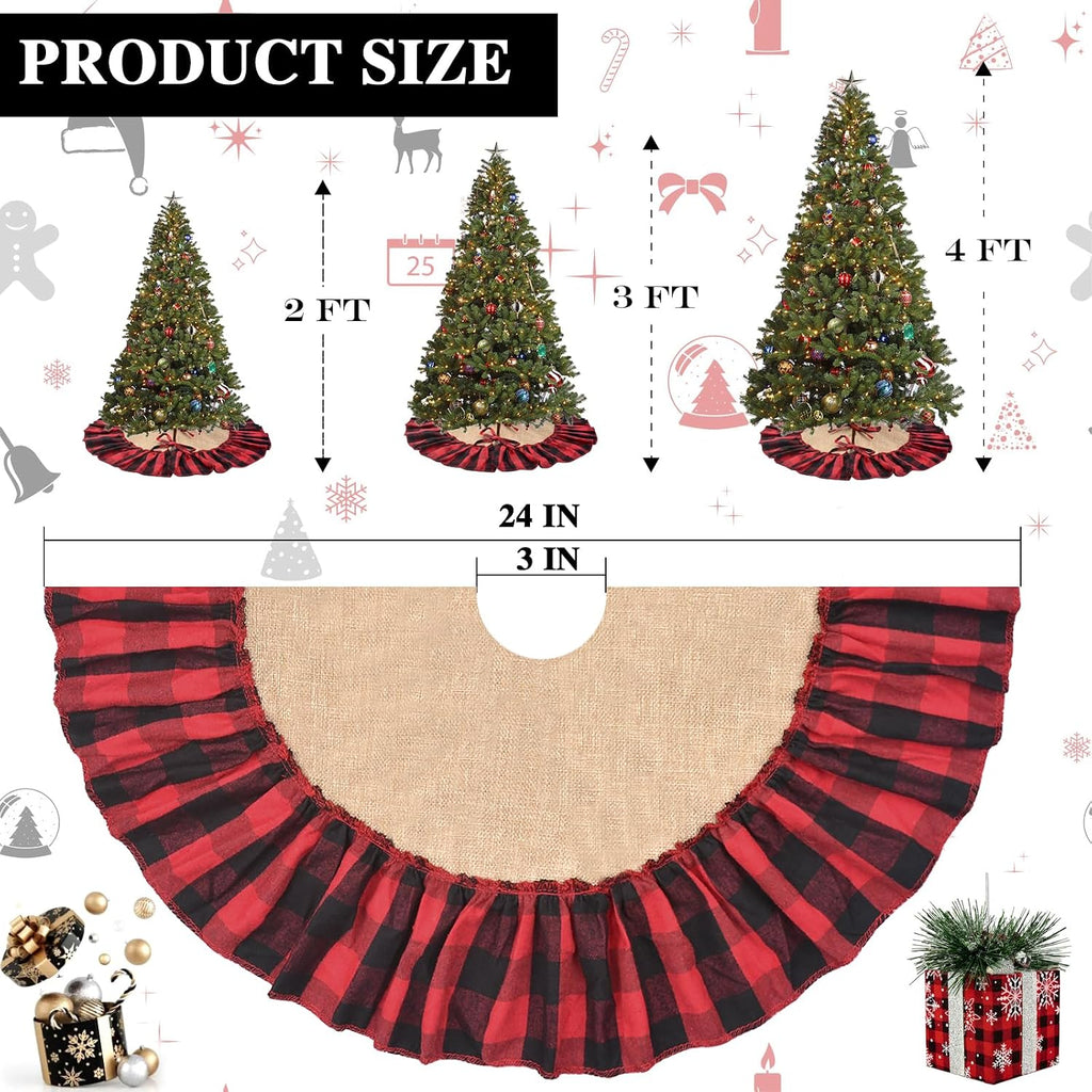 Mini Buffalo Plaid Burlap Tree Skirt with Red and Black Ruffle, 24 inch Small Red Black Gingham Chrismtas Tree Skirt