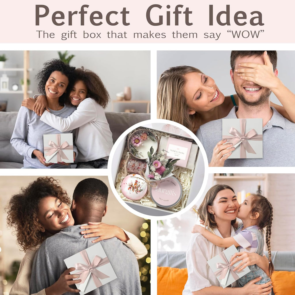 Birthday Gifts for Women - Orchid & Jasmine Spa Gift Basket, Luxury Candle Set & Bath Sets Care Box, Gift for Mom - Set of 6