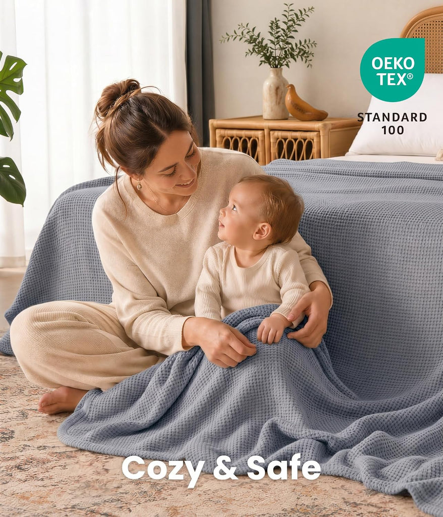 100% Bamboo Rayon Waffle Blanket Twin Size, 60x80 Inch, Blue Gray | Super Soft, Breathable, Lightweight Blanket for
