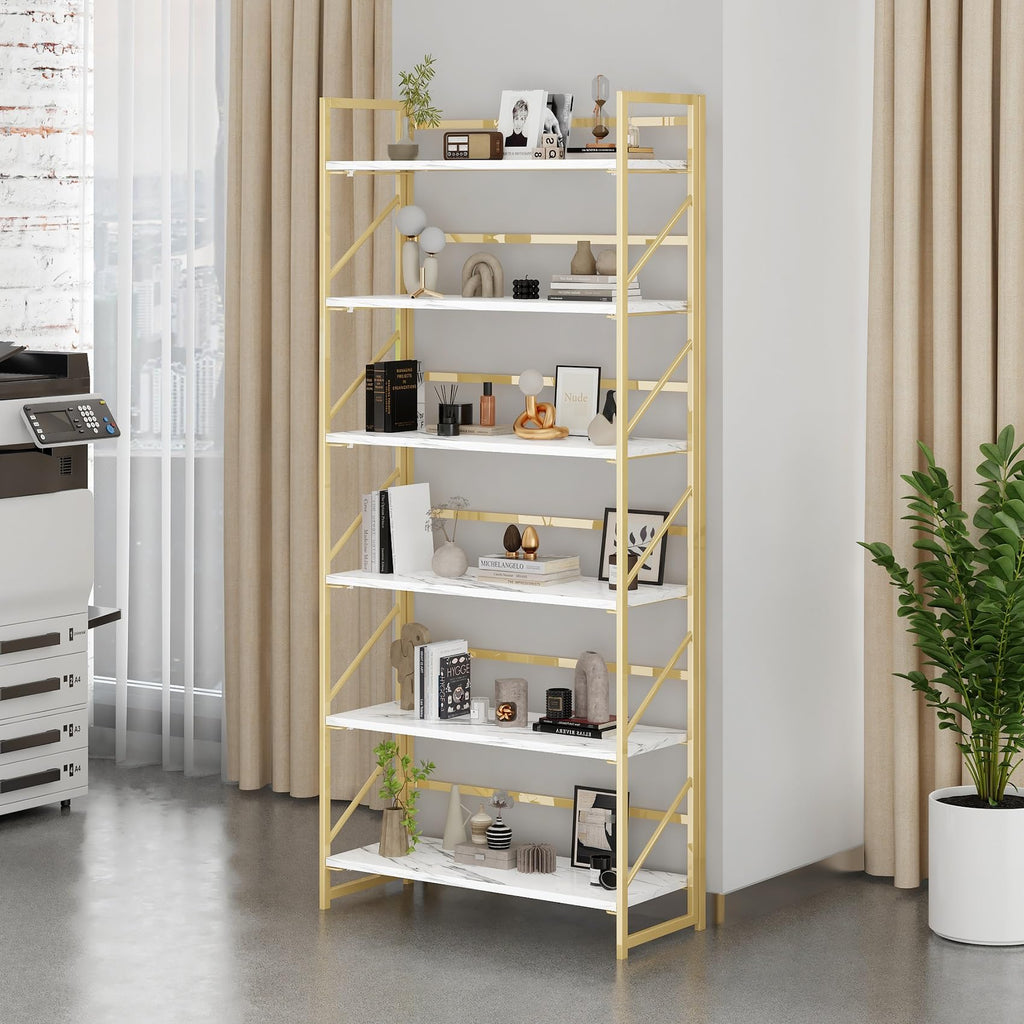 6 Tier No Assembly Folding Bookshelf, 30.7" Wide Foldable Storage Bookcase, Space-Saving Storage Shelf (White&Gold)