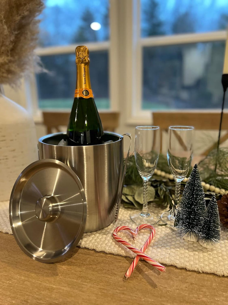 3L Double-Wall Vacuum Insulated Ice Bucket with Lid & Tong Stainless Steel Champagne Buckets for Cocktail Bar