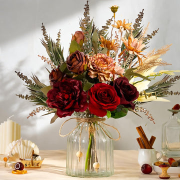 Dahlia Flower Aritificial Flower with Vase Fake Silk Flowers in Glass Vase Faux Rose Flowers Arrangement Table