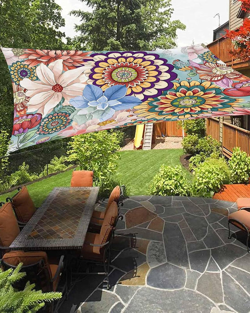 Sun Shade Sail 8'x10' Boho Floral Rectangle Sun Shade Sails Canopy Waterproof Mandala Flowers Plant Outdoor Sunshades
