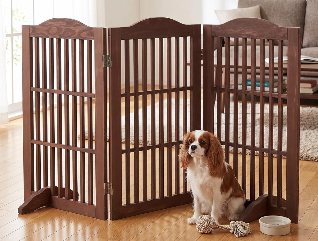 Wooden Freestanding Foldable Pet Gate, 3 Panels, Step Over (Brown, 30 inch)