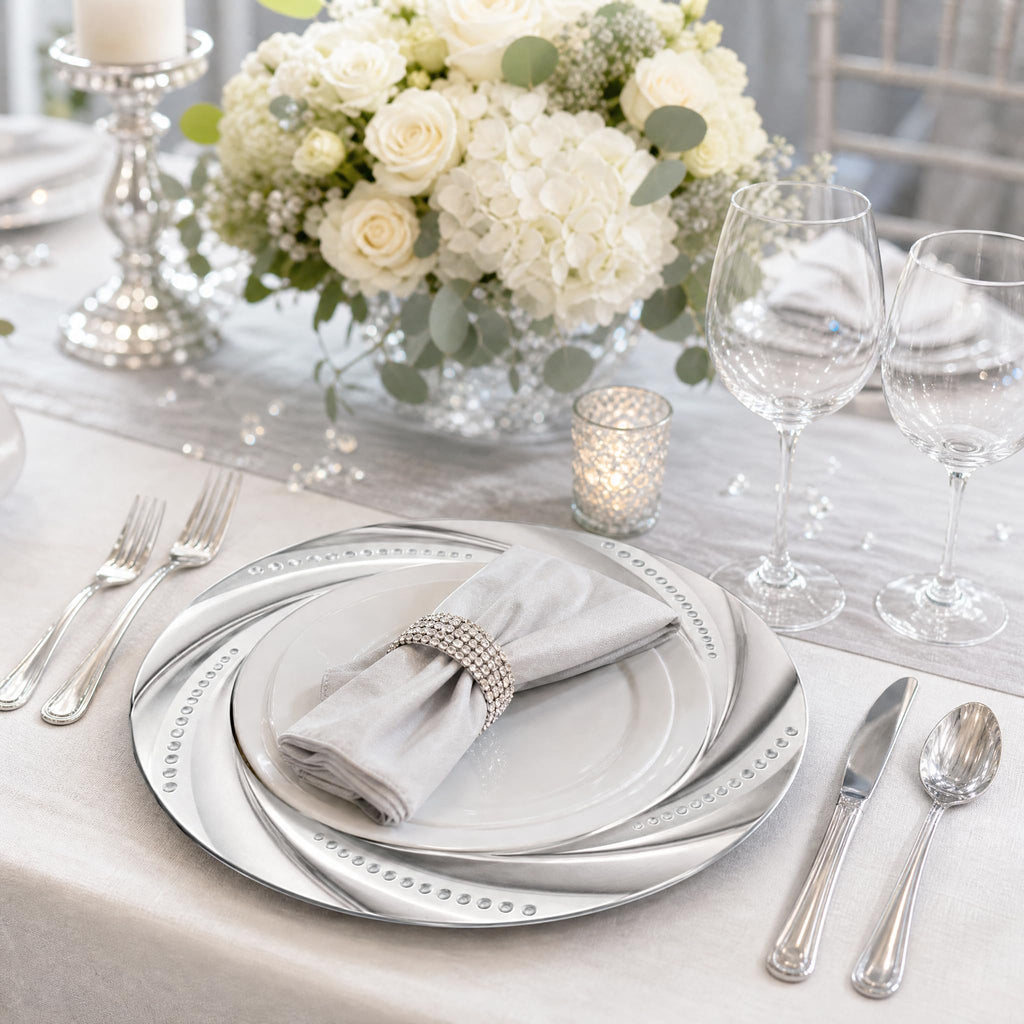 12 Pack Plastic Silver Charger Plate, 13" Round Chargers Plate Decorative Dinner Chargers, Embossed Charger Serving