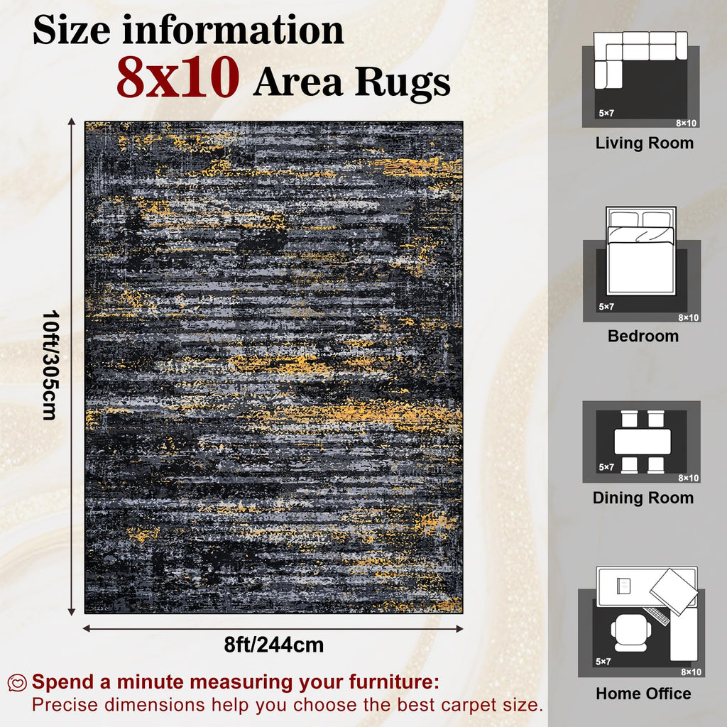 Washable Area Rug, Abstract Rug Black Gold