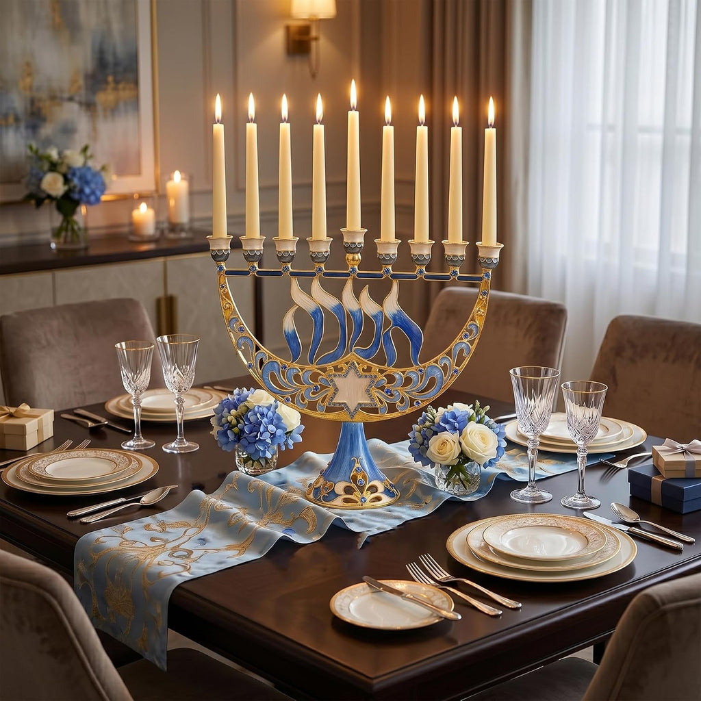 Hand Painted Enamel Candelabra with Star of David and Hanukkah Design and Embellished with Gold Accents and Crystals