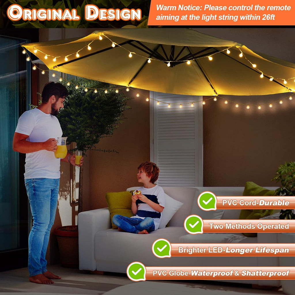 1 Pack 32 Feet Patio Umbrella Lights, 8 Lighting Modes LED String Lights with 64 Pcs Shatterproof Globe