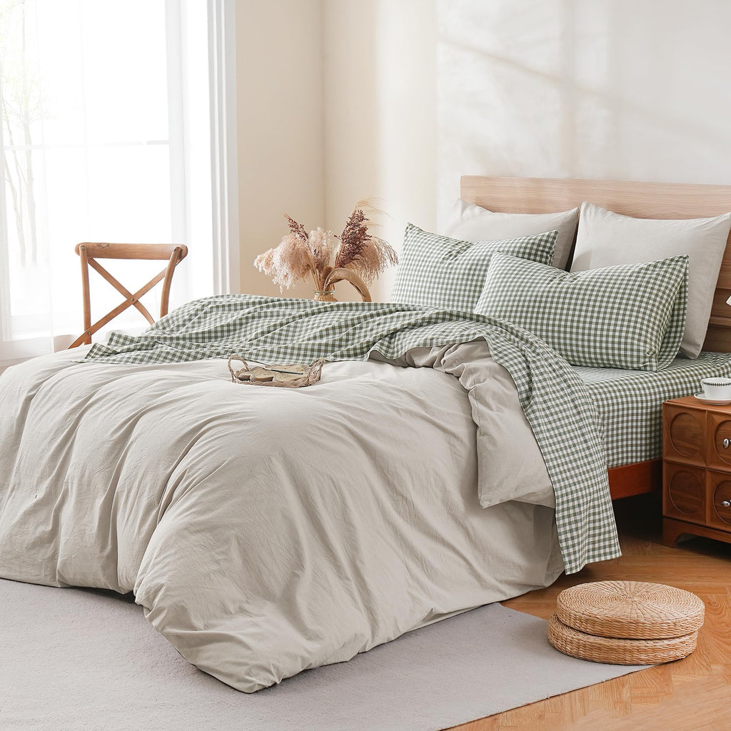 Green Brown Gingham Sheets Set 100% Washed Cotton Like Linen, King