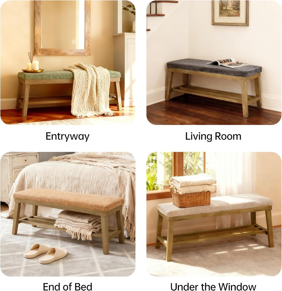 Entryway Bench, Storage Shoe Bench with Rubberwood Legs, Green | Shoe Rack Bench with Cushion, Soft Chenille Fabric
