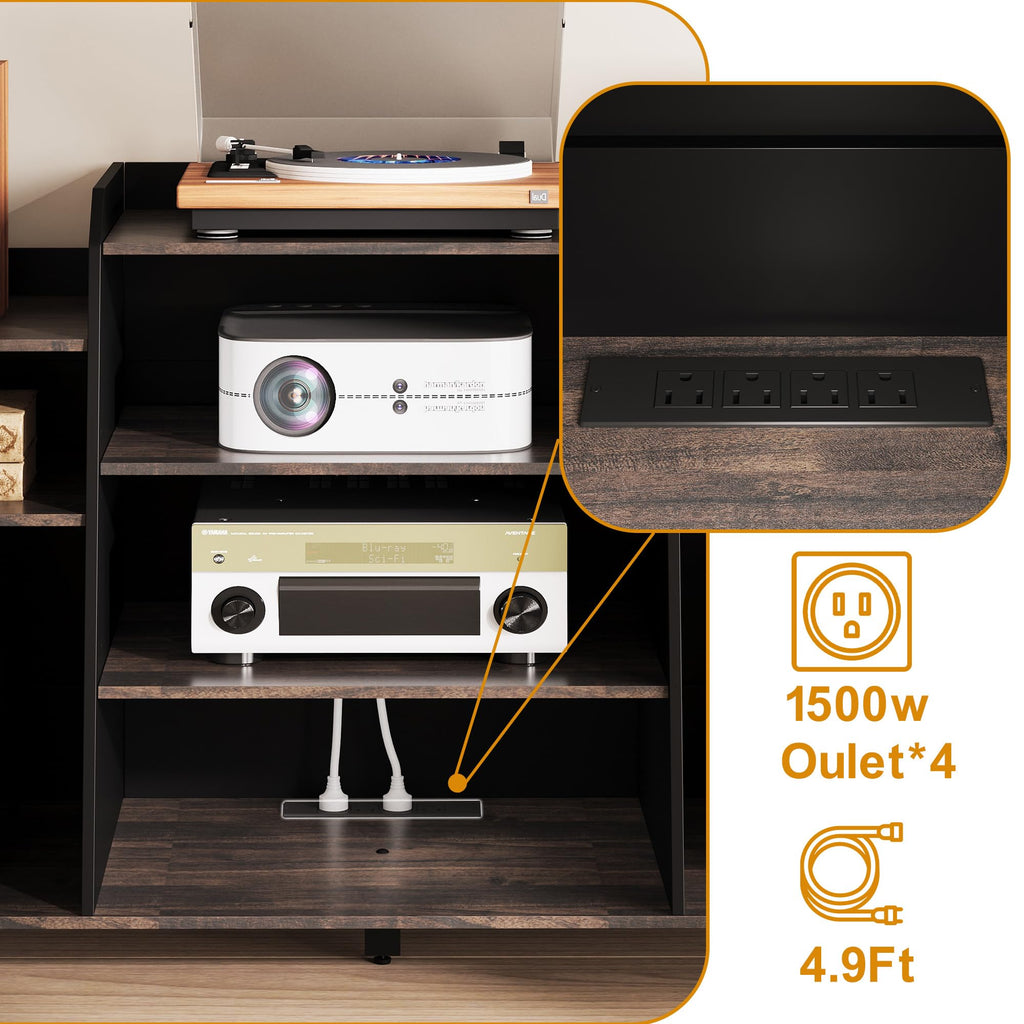 55" Record Player Stand with Charging Station, 4-Tier Vinyl Record Storage Cabinet with Divided Shelves, Adjustable