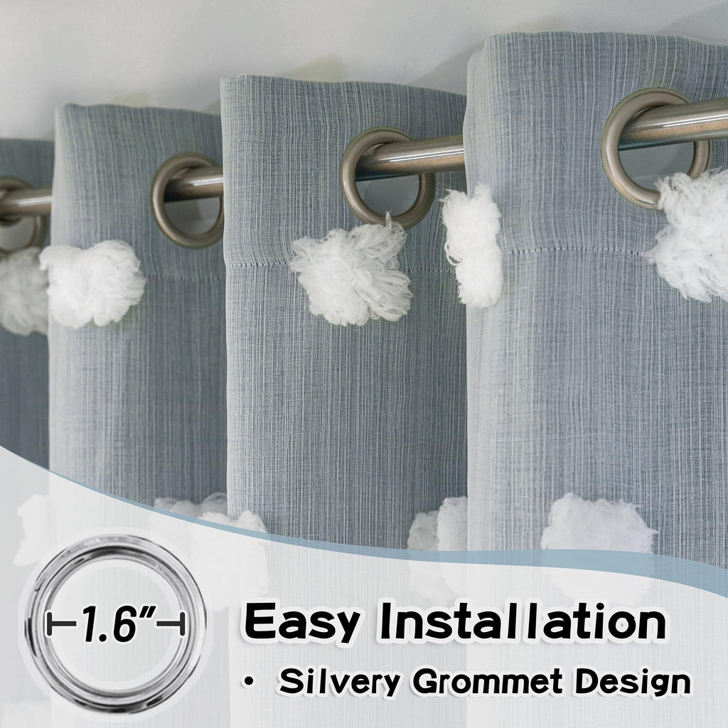 Room Darkening Curtains White Sheer Pom Pom Curtains Dusty Blue Blackout Curtains for Sliding Door Decor Drapes 2