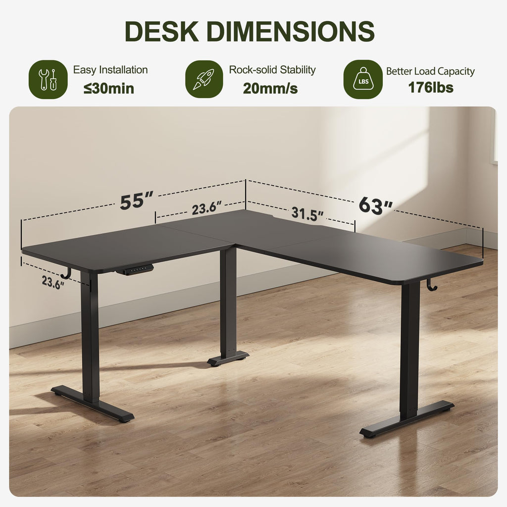 L-Shaped Standing Desk - 63 x 55 Inch Adjustable Corner Standing Desk with Charging Station - L Shape Sit Stand Table