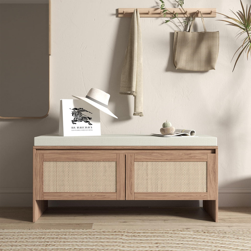39.4" Shoe Storage Bench with Rattan Doors & Cushion, Natural