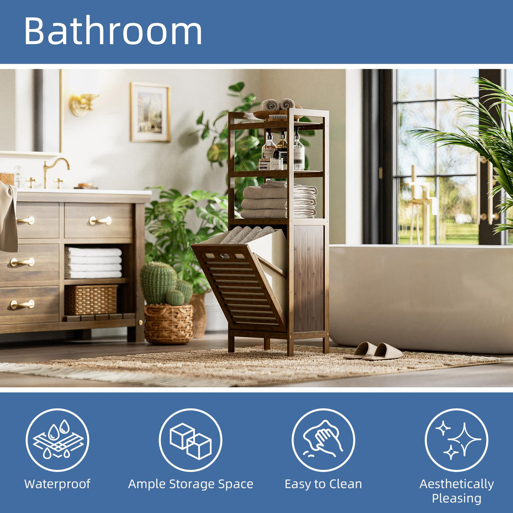 Bamboo Tilt Out Laundry Hamper, Bathroom Storage Cabinet with Hidden Removable Basket and 3 Open Shelves, Space