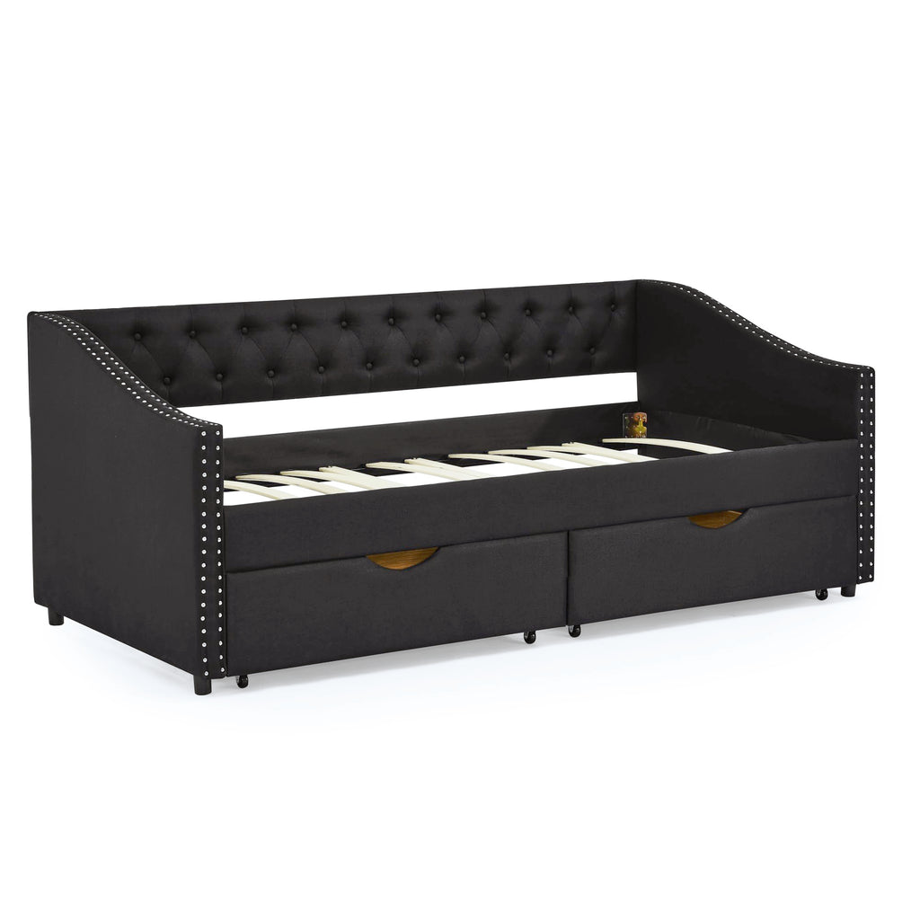 Twin Size Upholstery Daybed with 2 Drawers and Headboard, Mid-Century Style Tufted Sofa Bed with Button on Back, Easy