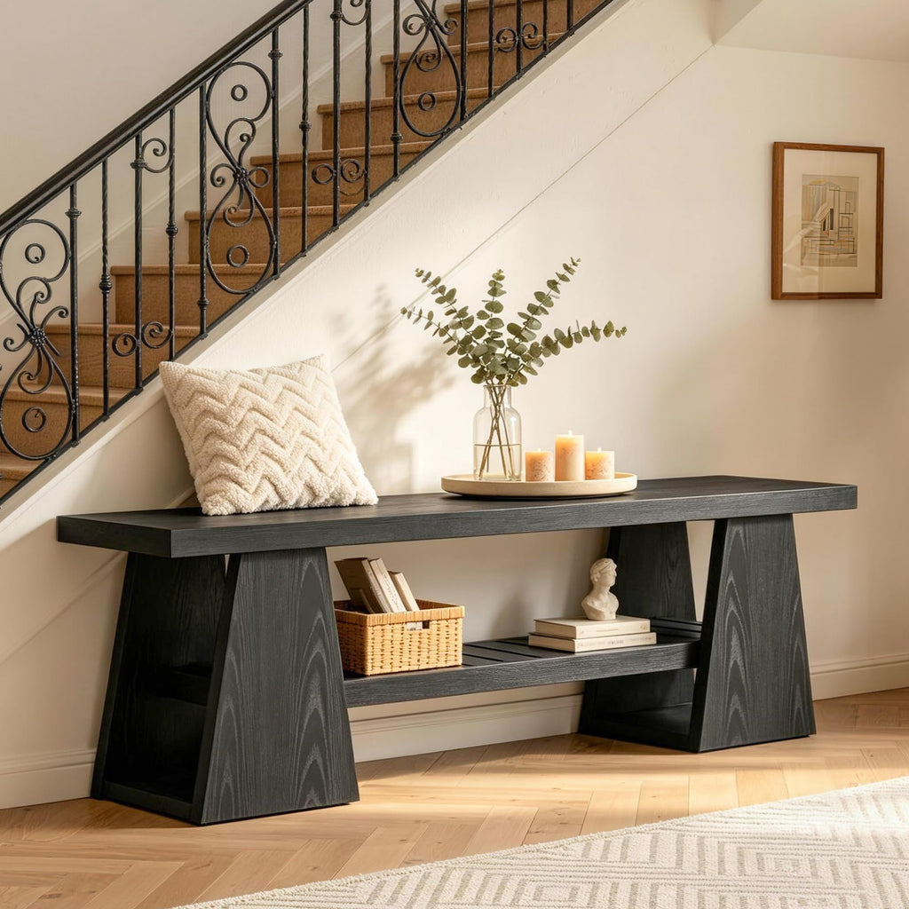 63'' Long Entryway Bench, Black Rustic Farmhouse Wooden Entry Way Bench Seat Indoor with Shoe Storage Shelf, 3-Tier