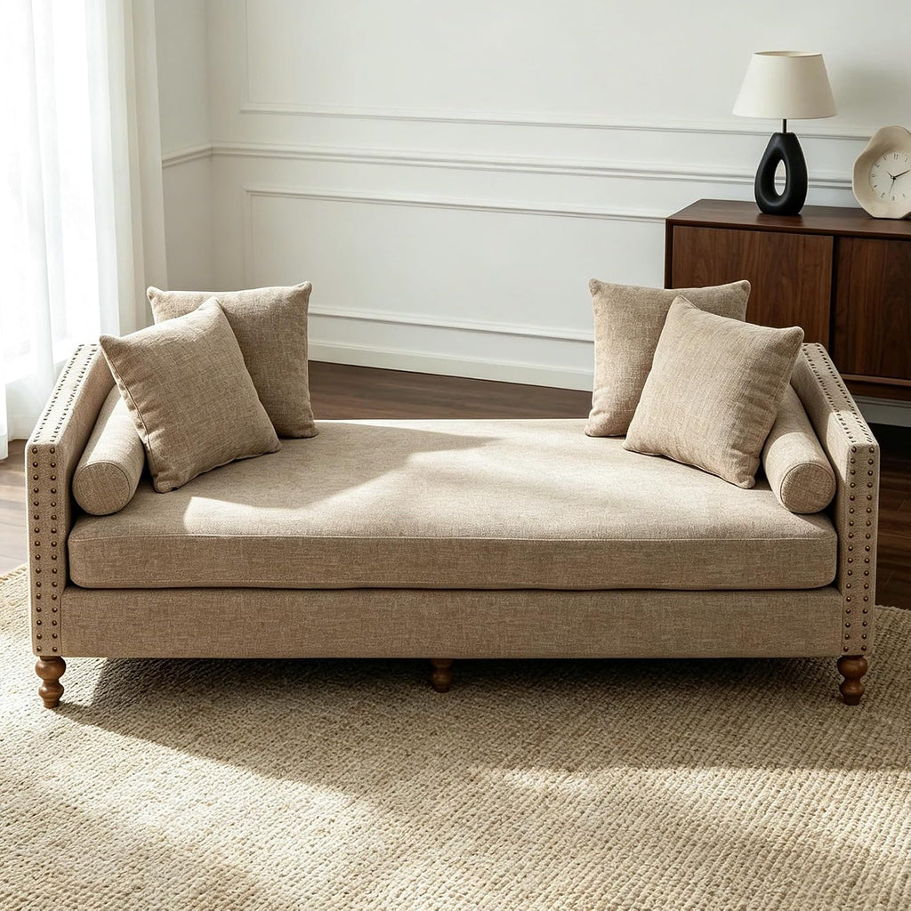 75'' Taupe End of Bed Bench with Nailhead Trim,Upholstered Chenille Chaise Lounge with 4 Throw Pillows&2