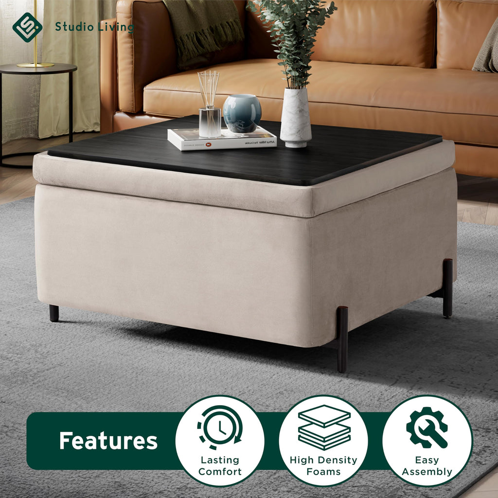 Connor 31.1" Large Storage Ottoman, Modern Boho, Matte Black Metal Legs, Velvet Fabric, Taupe