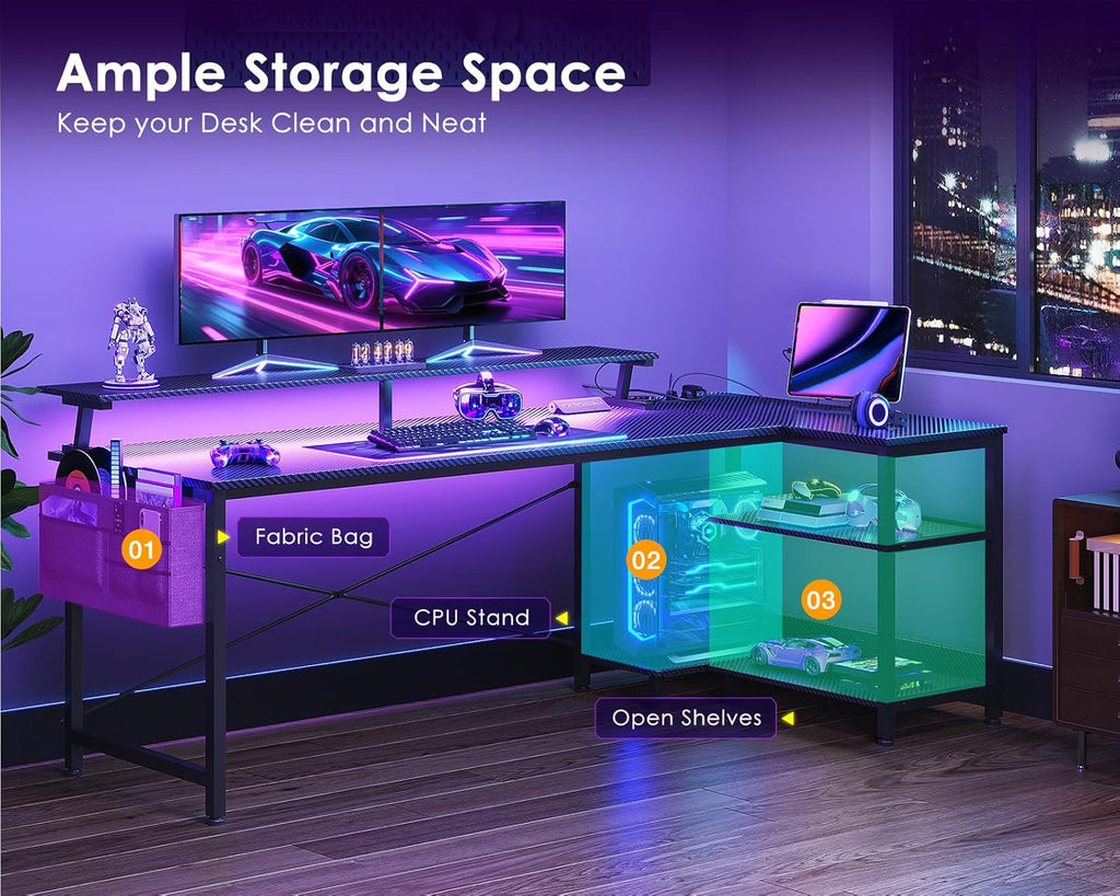66 Inch L Shaped Gaming Desk with LED Lights, Power Outlets, Black | Adjustable Monitor Stand, Open Storage Shelves