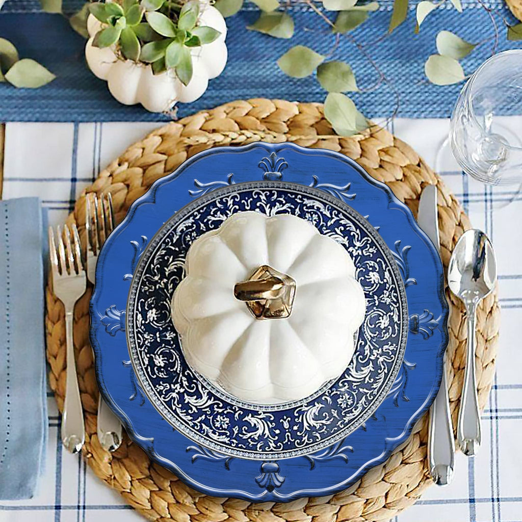 Antique Royal Blue Charger Plate, 13" Embossed Plastic Table Plate Chargers for Dinner, Set of 6 Elegant Decorations