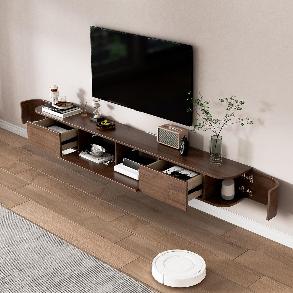Solid Wood Floating TV Stand - Wall Mounted Media Console with 2 Side Doors, Deepened 11.8'', Wall Mounted