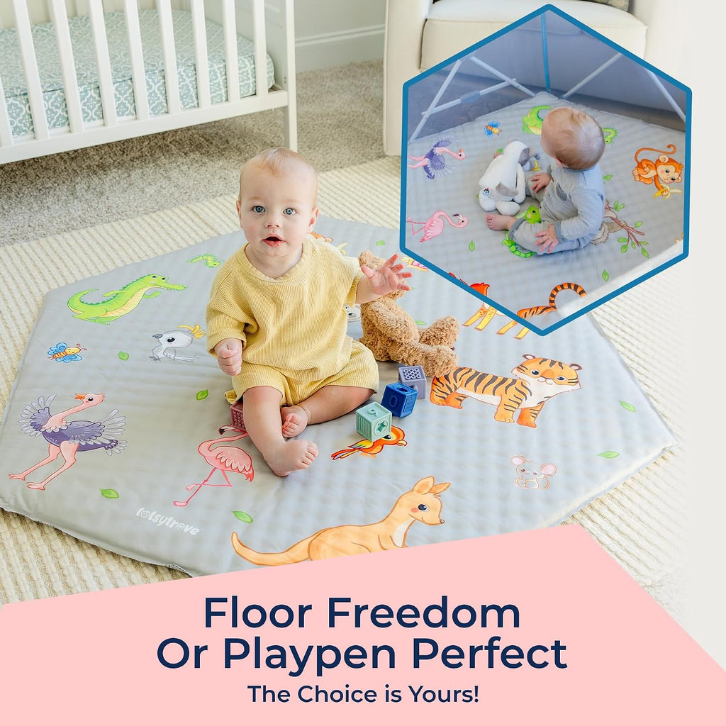 Self Inflating Hexagon Playpen Mat 52" x 45" for Infants and Toddlers - Baby Crawling Mat - Safari