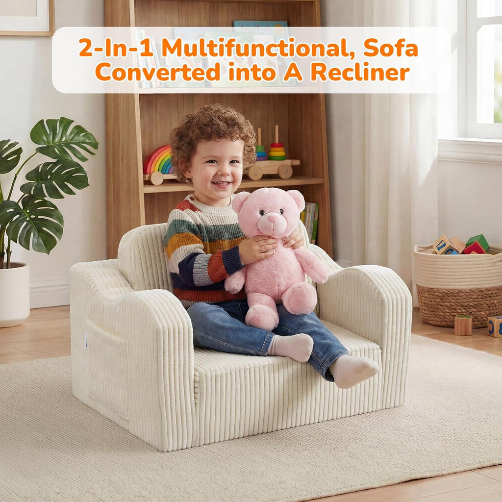 Kids Couch, in-1 Corduroy Fold Out Chair, Washable Foam, Beige