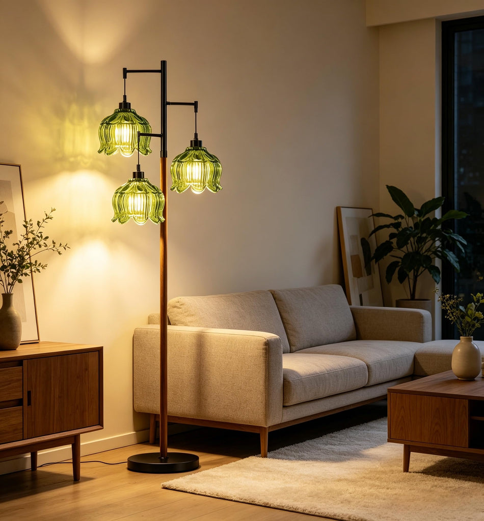 Glass Floor Lamp, Stained Green Mid Century Modern Standing Lamp Wood Tree 3 Light Tall Floor Lamps Vintage Retro