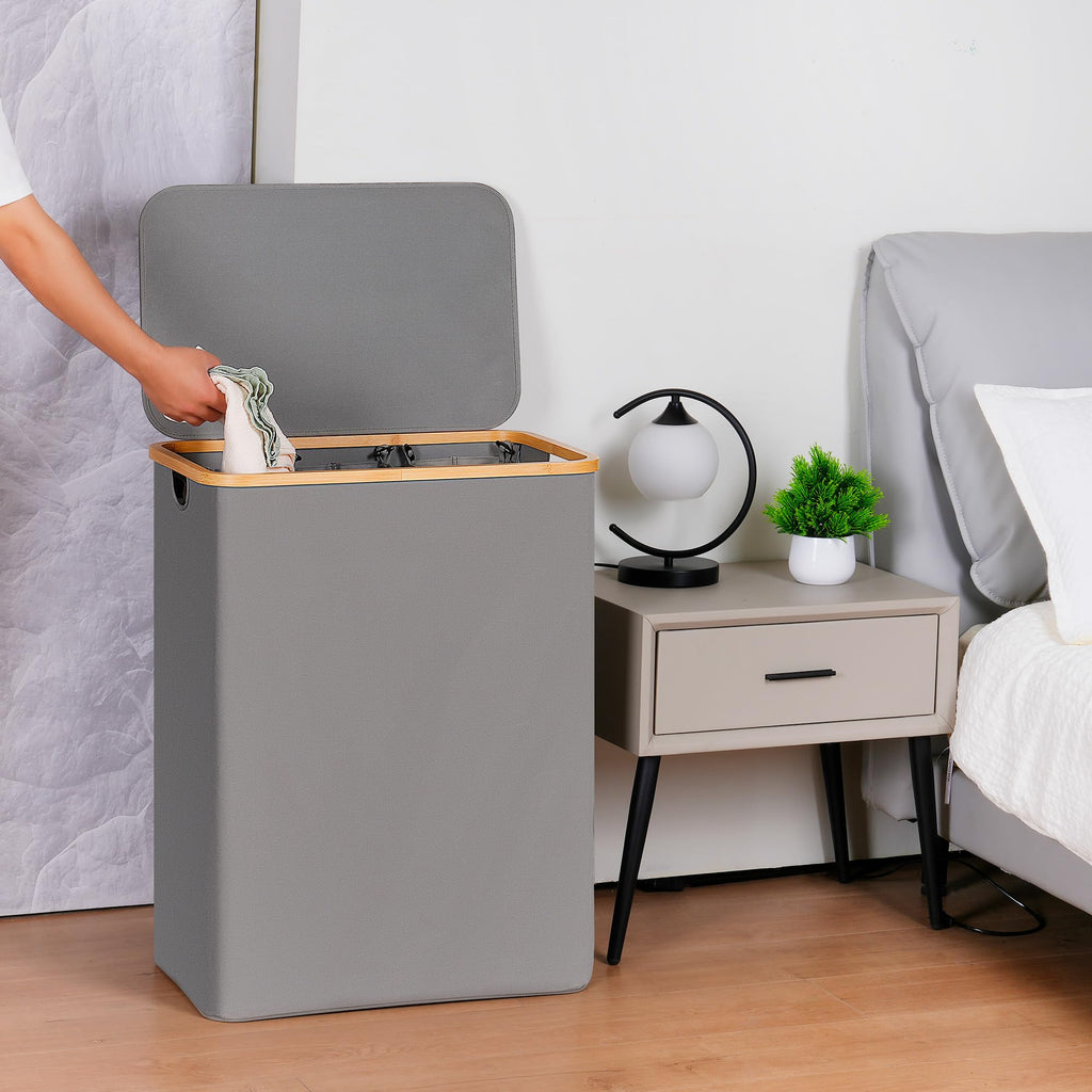 Laundry Hamper 3 Section with lid and 3 Removable Bags, Silver Grey