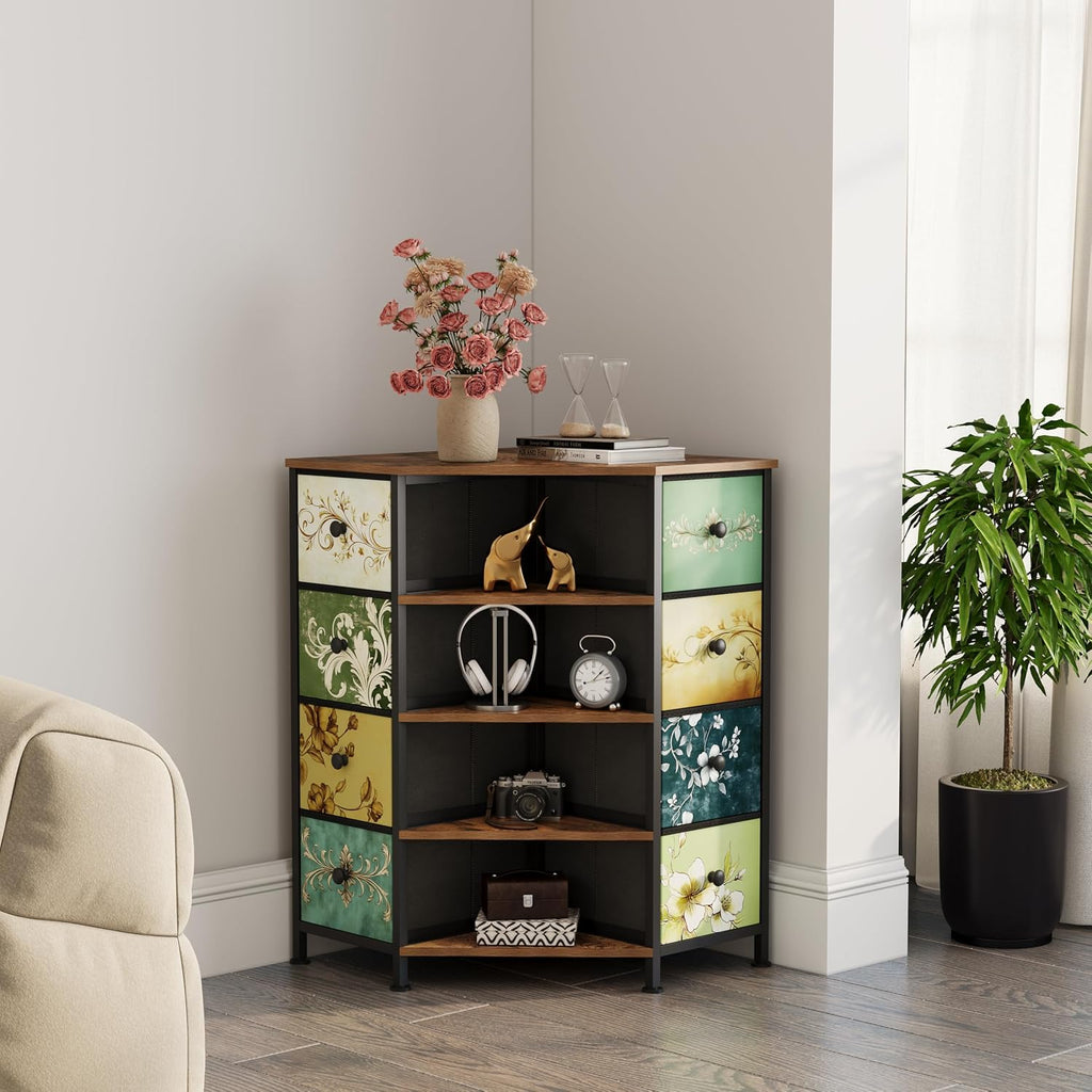 8 Drawers Corner Dresser with Fabric Drawers and Shelf | Retro Corner dresser with wooden top&4 open shelves,Corner