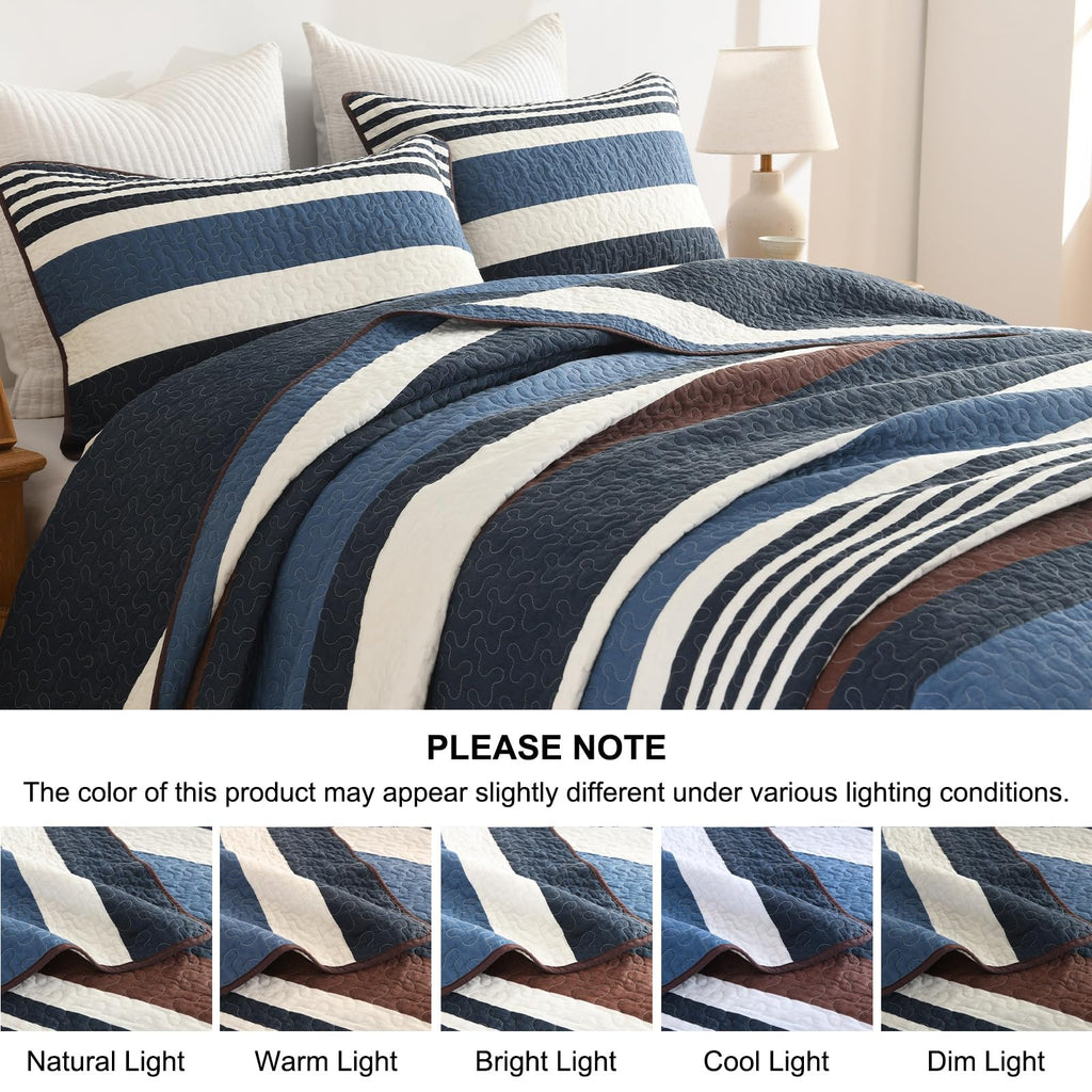 Quilts, Blue Brown/Cream Striped Design Quilt Set