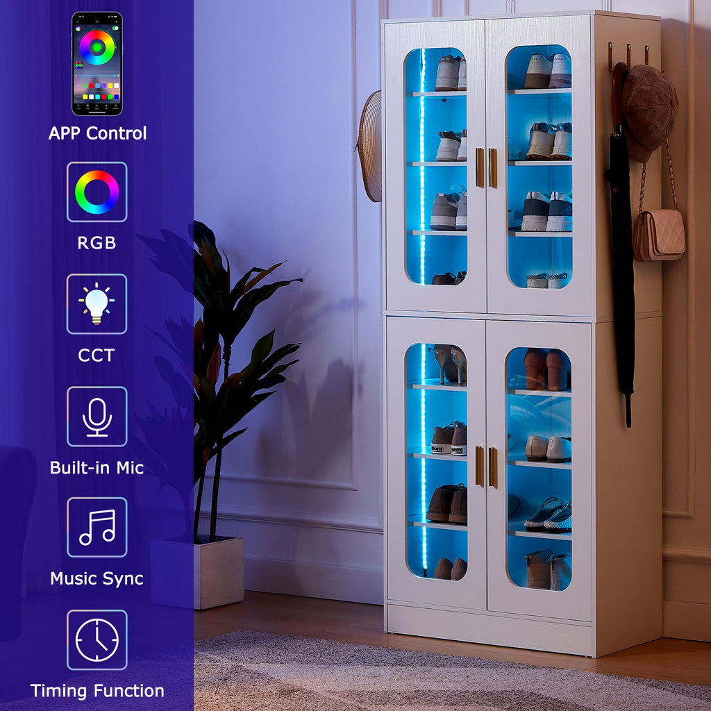 Tall LED Shoe Cabinet with Adjustable Shelves, White