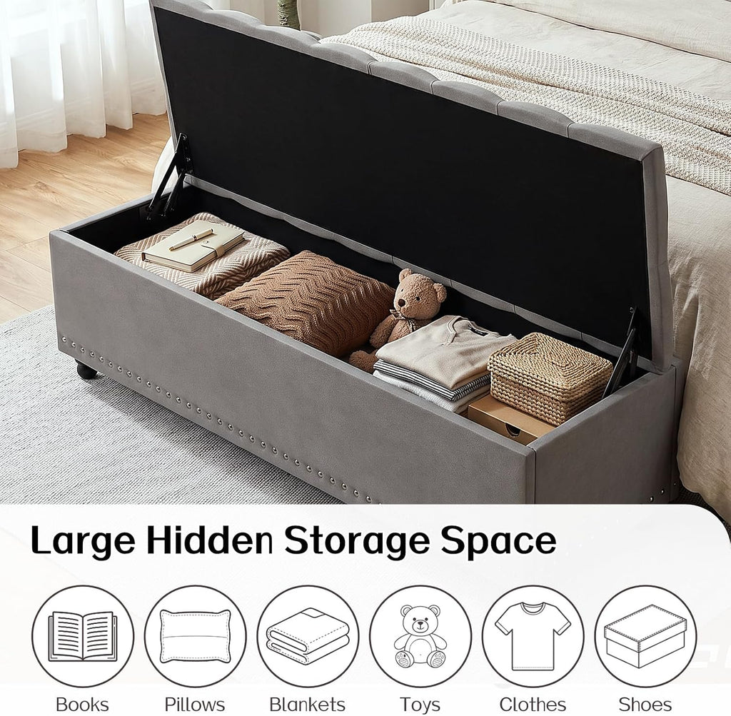 51" Storage Ottoman Bench with Wooden Legs and Soft-Close, Grey | Large End of Bed Bench with Button Tufting, Metal