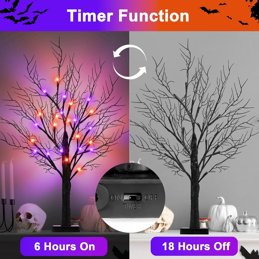[Timer] 2 Pack Halloween Decorations Indoor, 24 Inch Halloween Tree with 24 Orange & Purple Lights, USB & Battery - Set of 2