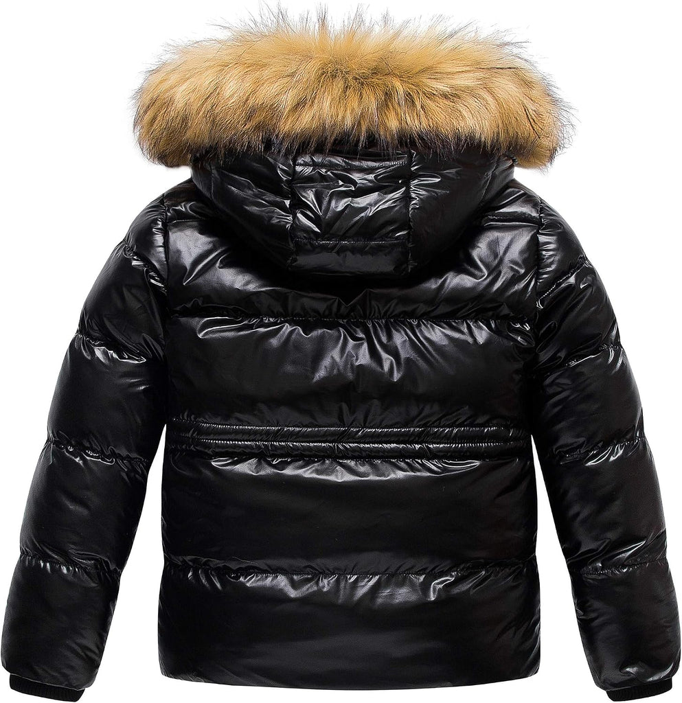 Girl's Kids Metallic Shiny Jacket with Detachable Fur Collar Warmth Winter Outerwear