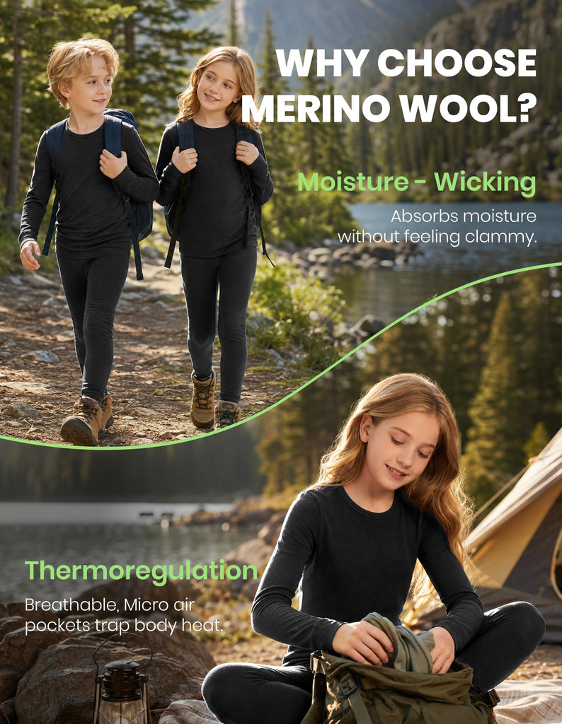 Unisex Kids 100% Merino Wool Base Layer Thermal Set Lite Black 7-8