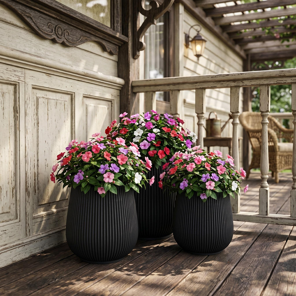 16" Pear-Shaped Fluted Outdoor Planter, Black, Modern Round Plant Pot