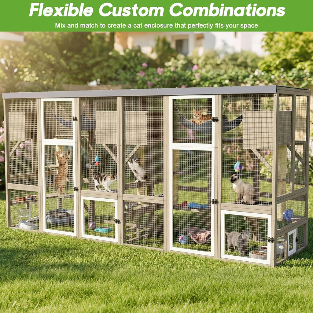 Large Catio Outdoor Cat Enclosure, Walk-in Cat Patio with 4 Levels, Cat Condo Hammock & Scratching Posts, Flat Roof