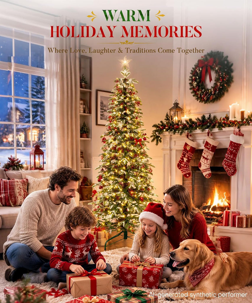 Pre-lit Pencil Christmas Tree: Snow Flocked 440 LED Lights