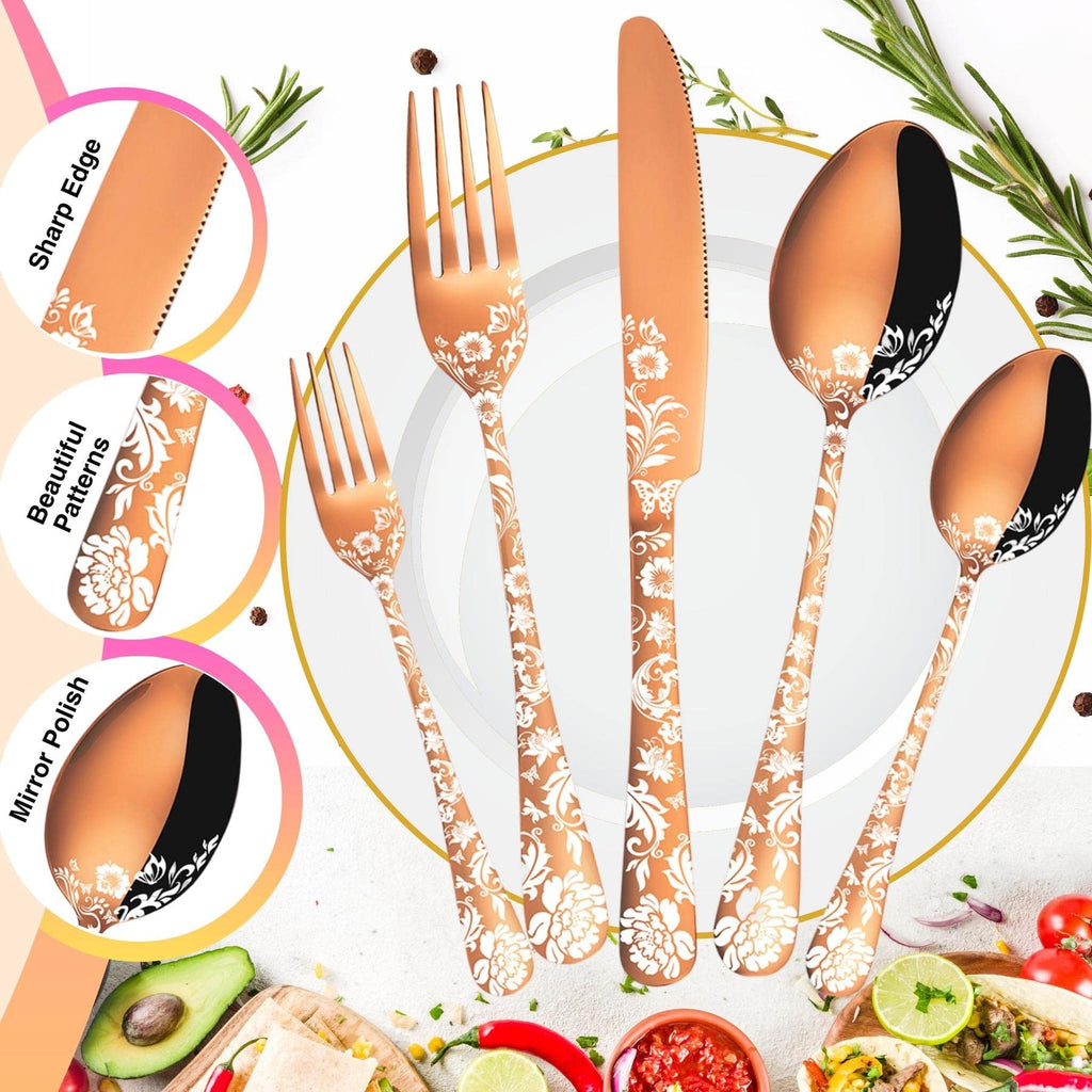 20 piece Peony Flower Pattern Design Silverware Set, Stainless Steel Flatware Set Service for 4, Rose Gold Cutlery